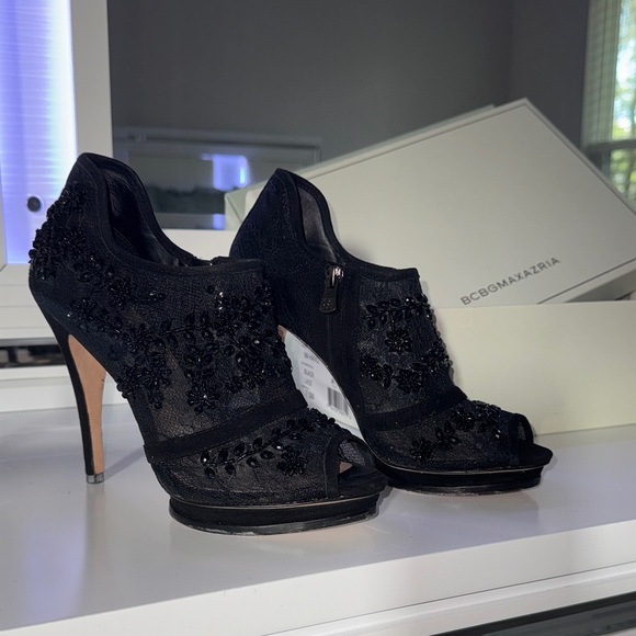 BCBGMaxAzria Black Embellished Peep-Toe Heels - Picture 1 of 8